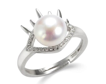 Freshwater Cultured Pearl Ring for Women with Rhinestone Paved Eye Design Rings Sterling Silver Pearl Adjustable Silver Ring