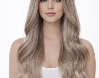 Ash Blonde Wig with Bangs, Long Wavy Ombre, 24 Inch Synthetic Hair