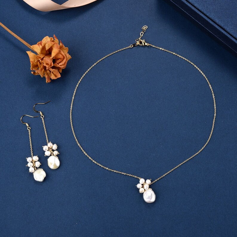 White Baroque Pearl Pendant Necklace and Long Dangle Earrings Bridesmaid Jewelry Set CDPD462