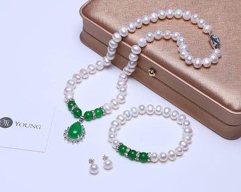 8-9mm Real Pearl Necklace Set  for Women with Gift Box, Classic Freshwater Pearl Jewelry Set, Single Strand Matching White Pearl Necklace