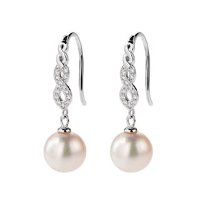 Women&#39;s Pearl Elegant Infinity Drop Dangle Earrings 925 Sterling Silver French Wire, Wedding, Bridal Earrings