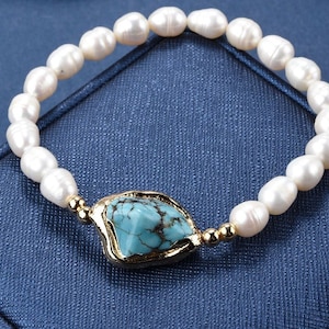 White Cultured Fresh Water Pearl Turquoise Bead Stretch Bracelet Fashion Woman Jewelry-CDPD387