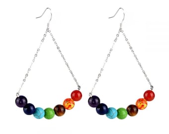 7 Chakra Stone Beads Triangle Drop Dangle Earrings Fashion Jewelry