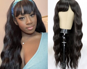 Long Wave Black Synthetic Wigs With Bangs