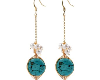 Flat Turquoise and Pearl Beads Cluster Drop Long Chain Dangle Earrings CDPD385