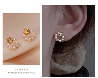 Flower Studs Earrings with Pearls, Tiny cute pearl earrings