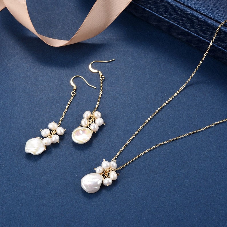 White Baroque Pearl Pendant Necklace and Long Dangle Earrings Bridesmaid Jewelry Set CDPD462