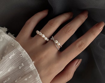 Double Bands Sterling Silver Rings and Freshwater Pearl Ring for Her