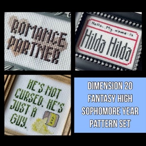 Dimension 20 Fantasy High Sophomore Year mini cross stitch pattern set PDF