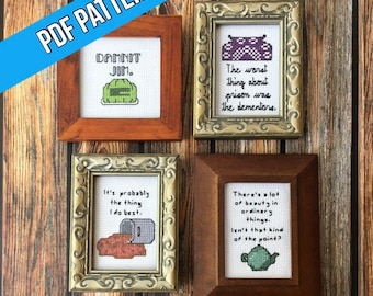May include: Four framed cross-stitch patterns with various quotes from the Harry Potter series. The top left frame reads "DAMNIT JOM." The top right frame reads "The worst thing about prison was the dementors." The bottom left frame reads "It's probably the thing I do best." The bottom right frame reads "There's a lot of beauty in ordinary things. Isn't that kind of the point?"