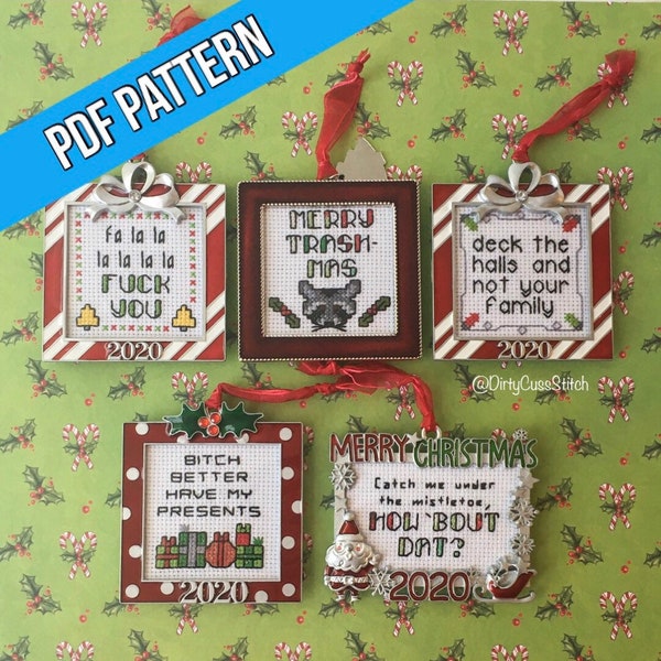 Naughty Holiday Ornaments: Aggressive Edition mini cross stitch PDF pattern set