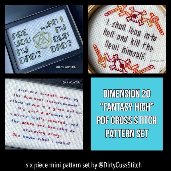 Dimension 20 Fantasy High Freshman Year inspired mini cross stitch PDF pattern set