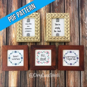May include: Five framed cross-stitch embroidery pieces with various sayings. The frames are gold and wood. The sayings include "You're my Mariah Carey", "You're simply the beat", "Best wishes", "Ew, David", and "Warmest regards".