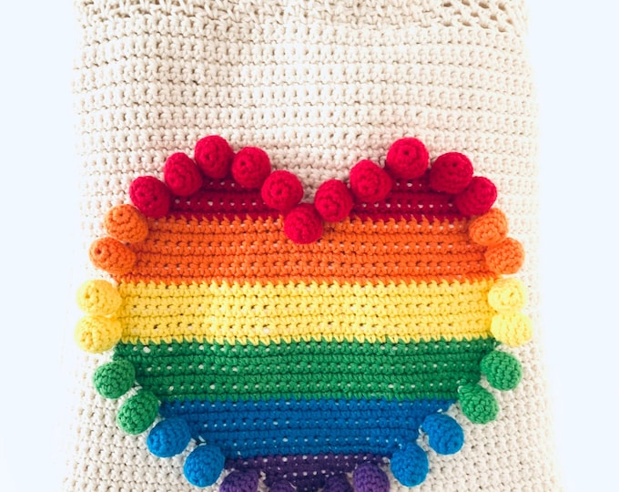 Featured listing image: Rainbow Heart Tote Bag, Crocheted and fully lined.