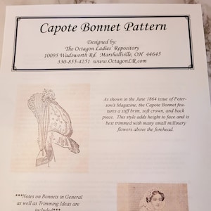 May include: A printed paper titled "Capote Bonnet Pattern" with text and illustrations. The text includes the designer's name, address, and contact information. The image also features a drawing of a bonnet and a vintage illustration of a woman wearing a bonnet.
