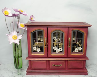 One of a Kind Upcycled Jewelry box in Burgundy with floral decor