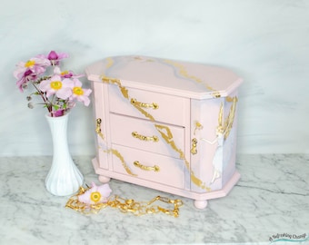 One of a Kind Pink Jewellery Box with Fairies and gold leaf