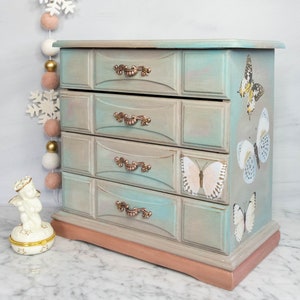 Large jewelry box, Upcycled vintage wood jewellery box with butterfly details