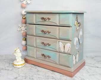 Large jewelry box, Upcycled vintage wood jewellery box with butterfly details