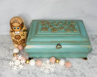 One of a kind Jewelry Box, Upcycled Vintage Turquoise Jewellery Box, Wood Jewellery Box