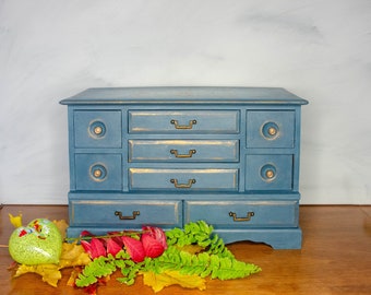 Large vintage wooden jewelry box.  A thoughtful gift for her. Blue and gold elegance with One of a Kind sophisticated style.
