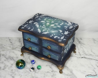 Unique hand painted jewellery box, Upcycled jewelry box, small indigo blue jewelry box for a girl.