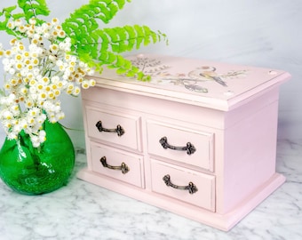 Pink jewellery box, small jewelry box for a girl, Unique hand painted jewellery box with bird image transfer, Upcycled jewelry box