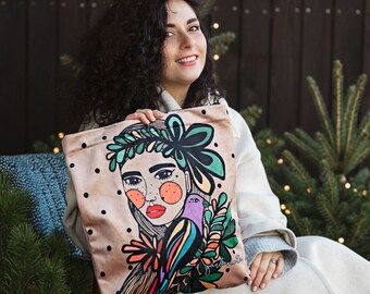 Unique gift for her - Canvas tote bag, Tote bag for women, HANDMADE gift by garbanota, Sustainable vegan velour bag, Reusable shopper