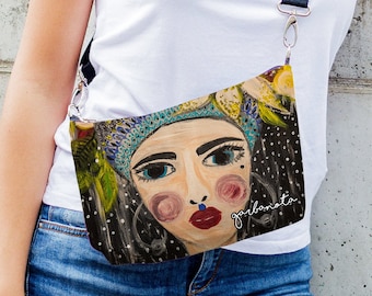 Messenger bag women Canvas floral purse, Small velvet crossbody bag, Original art print boho bag, cross body bag gift for women