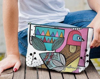Colorful bird pencil case / handbag / small to large make up bag HANDMADE by garbanota