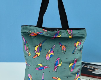 Tote bag aesthetic summer with zipper and inner pockets, canvas Grocery Shopping bag, Beach bag Bird print, Pale blue , reusable grocery bag