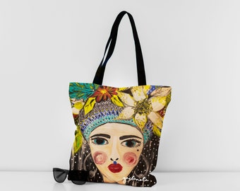 Custom tote bag, handmade canvas tote bag with pockets, teacher tote, fabric tote bag with zipper, gift for her, tote bag canvas, face, art