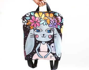 Kids backpack - Christmas gift for kids - bunny painting backpack, girl backpacks, artistic bag, children toddler travel backpack