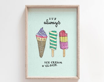 Ice-cream o'clock, printable illustration, A4 and letter wall art, cards, nursery and kids room decor