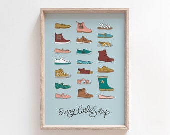 Every Little Step, printable shoes illustration, A4 and letter wall art, cards, nursery and kids room decor