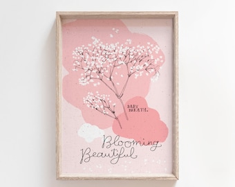 Blooming Beautiful, printable floral with Baby Breath, A4 and 8x10 inches for wall art, cards and nursery decor