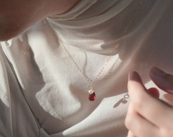 SV925/ 14KGF Collar de granate perla y lágrima, piedra de nacimiento de enero de junio, regalos personalizados, regalo para ella, regalo de dama de honor