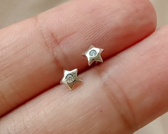 SV925 Tiny CZ Star Stud Earrings, Lunar Eclipse, Second Hole, 925 Sterling Silver, Tragus, Cartilage, customized gift