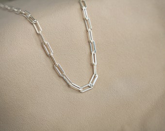 SV925 Collar clásico de cadena cuadrada gruesa (GRANDE), clip de papel, plata de ley 925, regalo para hombre, en capas, regalo personalizado