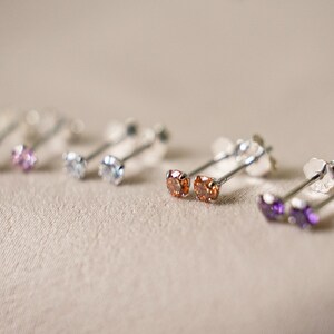 3mm CZ Stud Earrings Set | 925 Sterling Silver, 4-Prong Minimalist Earrings | Clear, Orange, Purple, Pink