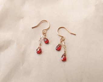 SV925/ 14KGF AAA Teardrop Garnet & Rock Crystal Earrings (Clip on), January Birthstone, Bridal, Bridesmaid, customized gift, Simple