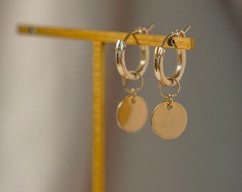 14KGF 2 WAY Coin Gold Hoop Earrings(Clip on), Thick Hoop, Everyday Earrings, Second hole, 14kt Gold Filled, customized gift