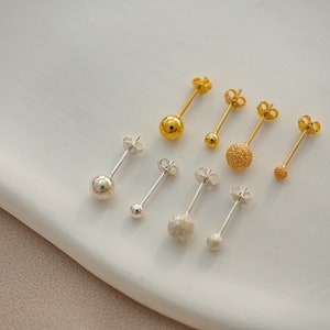Minimalist Ball Stud Earrings, Set Of Tiny Stud, Sterling Silver, Yellow Gold Plated, Second Ear hole, Tragus, Cartilage, Helix
