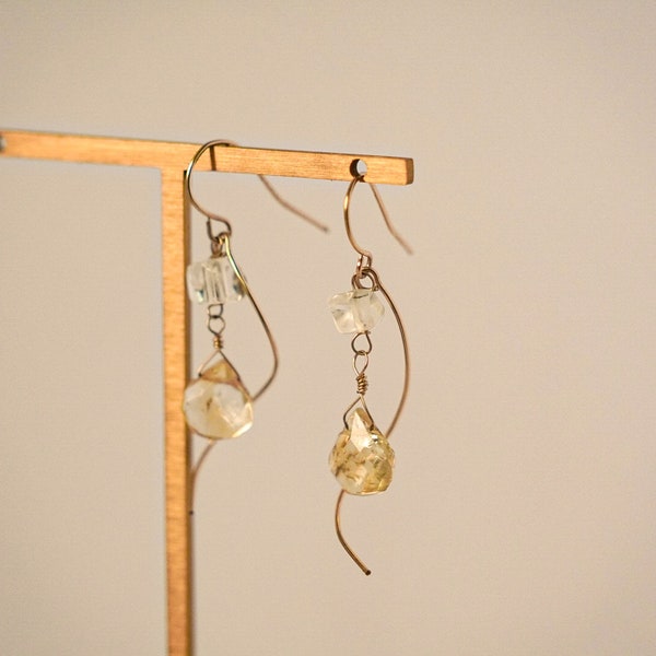 14KGF 【Popping Candy】 Citrine & Rock Crystal Earrings (Clip on), November Birthstone, 14K Gold Filled, customized gift