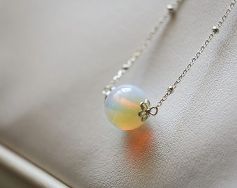 SV925 Dainty White Opal Necklace, Floral, Satellite Chain, October Birthstone, 925 Sterling Silver, customized gift