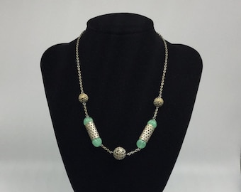 Pretty Art Deco Czech Pale Aqua Green Glass, Chain and Filigree Necklace