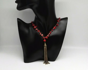Vintage Ethnic Coral Necklace: Red Coral Beads & Brass Tassel