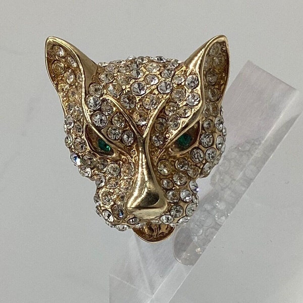 Bijou Cascio Leopard Head Vintage Brooch Crystal Emerald Eyes Signed Designer