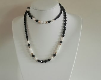 French Jet Crystal Pearl Necklace: Retro Art Deco Flapper Style