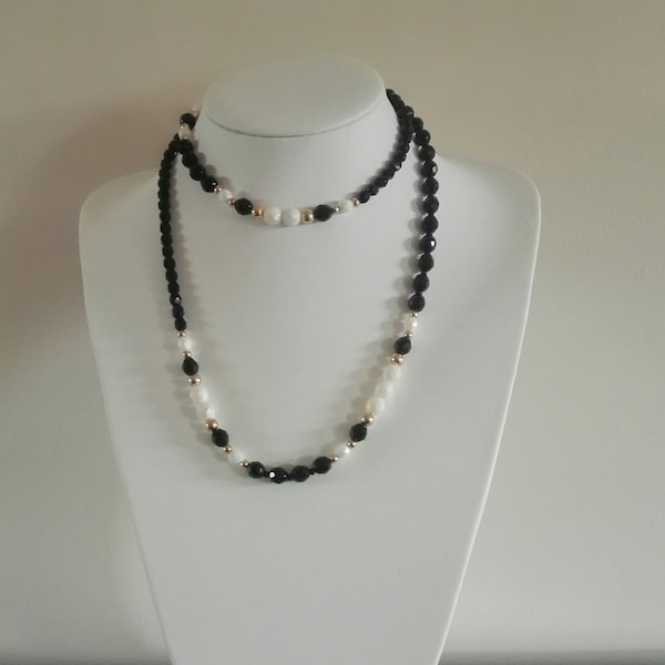 Fabulous French Jet, Crystal Pearl and Gold Bead Flapper Length Necklace. Retro Vintage Art Deco Period Style Jewellery